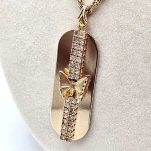 VINTAGE Lois Jean Butterfly Rhinestone Pendant Gold Tone Rope Necklace